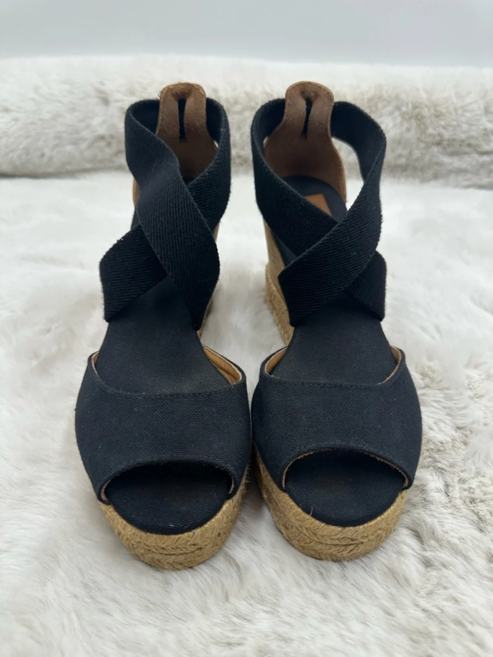 Tory Burch Frieda Espadrille Wedge‎ Sandals Black Strappy Ankle Tie Size 6